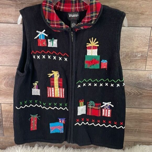 DESIGNERS ORIGINALS STUDIO Ugly Christmas Zip Up Vest Sweater Size XL Black Red - Picture 2 of 7